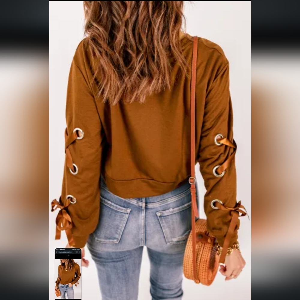 ❤️New Trendy grommet ribbon sleeve crop top - Picture 15 of 16